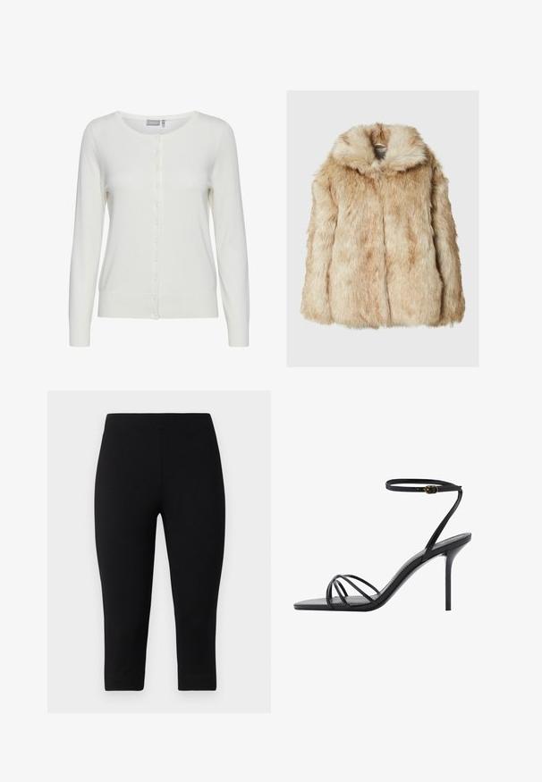 Lažna krzna jakna v svetlo bež barvi z mehkimi in gostimi vlakni, ki ima kapuco in široke rokave. Gladek zaključek z puhastim videzom.; Bela jopica s dolgimi rokavi, okroglim izrezom in gumbi spredaj. Ima mehek material ter rebraste manšete in rob.; Bela majica brez rokavov iz mehkega, raztegljivega materiala z okroglo ovratnico in ozkimi naramnicami. Ima gladko teksturo in prilegajoč dizajn.; Črne kapri legice iz raztegljivega materiala, ki se tesno prilegajo in imajo gladko teksturo, brez izrazitih vzorcev ali dodatkov.; Črne sandale na visoki peti z tanke ankletske naramnice, več križanih naramnic na stopalu in elegantnim kvadratnim oblikovanjem toe.