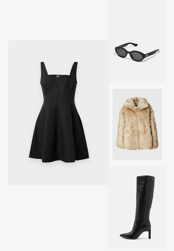 Tehke faux karusnahast jakk helesbeeži värviga, millel on pehme ja tihe tekstuur, kapuuts ja laiad varrukad. Sile viimistlus, mis annab koheva välimuse.; Must have selge käised must kleit, millel on vormiv kehaosa ja laienev seelik, valmistatud siledast kangast. Ruudukujuline dekoltee ja minimaalsed õmblused, et anda puhas välimus.; Sääre pikkused mustad nahast stilettokontsaga saapad terava ninaga ja siledat tekstuuri. Kontsad on plokkstiilis, mis lisab kujundusele stabiilsust.; Mustad mustad prillid tumedate läätsedega ja läikiva plastraamiga. Omab kuldset logo põlveosal, pakkudes stiilset ja kaasaegset disaini.