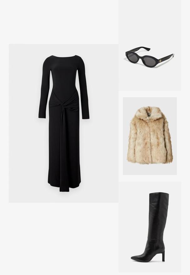 Giacca in pelliccia sintetica di un beige chiaro con una consistenza morbida e densa, dotata di cappuccio e maniche larghe. Finitura liscia con un aspetto soffice.; Abito lungo nero a maniche lunghe con corpetto aderente, scollo rotondo e dettaglio annodato in vita, che scivola in un silhouette dritta.; Stivali in pelle nera alti fino al ginocchio con punta affusolata e texture liscia. Il tacco è di tipo blocco, aggiungendo stabilità al design.; Occhiali da sole neri a forma ovale con lenti scure e montatura in plastica lucida. Presentano un logo dorato sulla stanghetta, offrendo un design elegante e moderno.