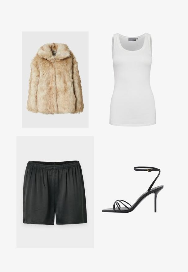 Umelá kožušinová bunda v svetlej béžovej farbe s jemnou, hustou textúrou, ktorá má kapucňu a široké rukávy. Hladký povrch s nadýchaným vzhľadom.; Biele tielko vyrobené z jemnej, elastickej látky s okrúhlym výstrihom a úzkymi ramienkami. Má hladký povrch a priliehavý strih.; Čierne saténové šortky s elastickým pásom, s hladkou textúrou a voľným strihom. Bez viditeľných vreciek alebo ozdôb.; Čierne lodičky na vysokom opätku s tenkým popruhom okolo členka, viacerými krížovými popruhmi cez nohu a elegantným štvorcovým špičkovým dizajnom.