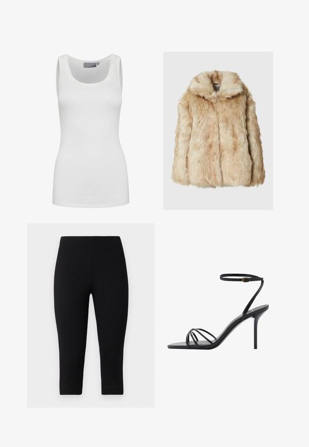 Faux fur jacket in light beige with a soft, dense texture, featuring a hood and wide sleeves. Smooth finish with a fluffy appearance.; White tank top made of soft, stretchy fabric with a round neckline and narrow straps. Features a smooth texture and fitted design.; Black capri leggings made of stretchy material, featuring a snug fit and smooth texture, with no prominent patterns or accents.; Black high-heeled sandal featuring a thin ankle strap, multiple crisscross straps over the foot, and a sleek square toe design.