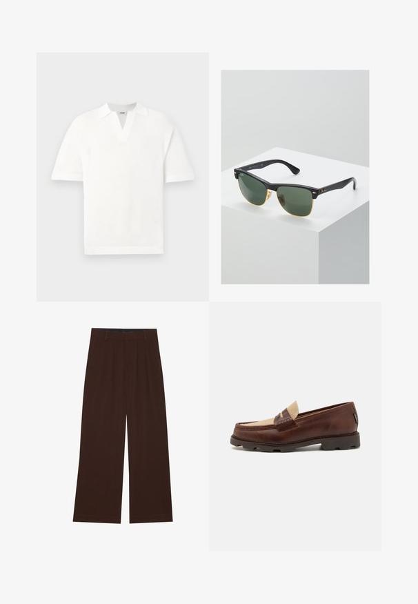 Musta nahkatakki, jossa on kauluskotelo, etuvetoketju ja sivutaskut. Sujuva pinta, jossa on minimaalinen ompelusyksityiskohta.; Valkoinen lyhythihainen neulepaita, jossa on tekstuurinen neulekuvio ja V-pääntie, rento istuvuus ja ilman näkyviä logoja tai kuvioita.; Valkoinen puuvillainen hihaton paita, jossa on pyöreä kaula-aukko, leveät olkaimet ja suora helma. Paidan tekstuuri on sileä, eikä siinä ole näkyviä kuvioita.; Ruske leve široke hlače z gubami. Narejene so iz gladkega blaga, z oblikovanim pasom in stranskimi žepi. Ravna obleka na dnu.; Bordeaux nahkahiusut, joissa on harmahtava kangasasennus, tikkausyksityiskohtia ja teksturoitu kumipohja, joka on suunniteltu mukavuutta ja kestävyyttä varten.; Ray-Ban aurinkolasit, joissa on vihreät linssit, mustat muovikehykset ja kultaiset yksityiskohdat reunoilla. Neliön muoto, jossa on mattapinta.