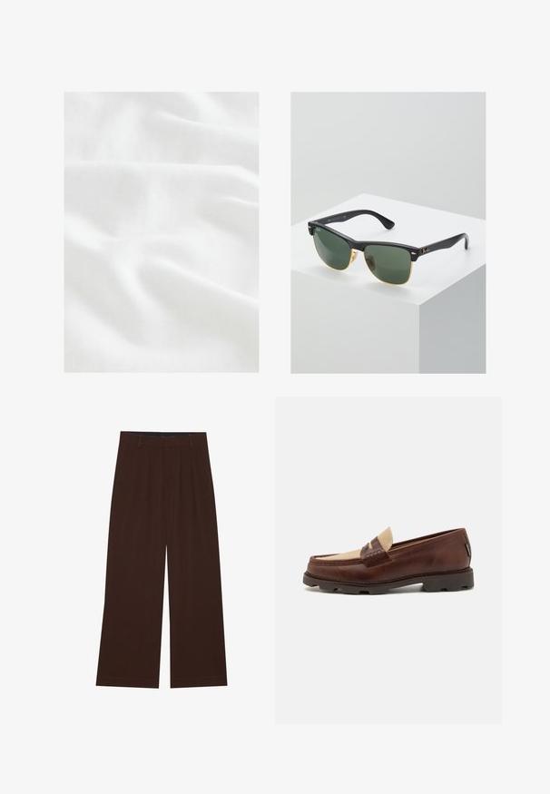 Fekete bőrkabát galléros nyakkivágással, elől cipzárral és oldalsó zsebekkel. Simább textúra minimális varrási részletekkel.; Next CUBAN COLLAR FIT - Ing - white; Fehér pamut ujjatlan felső kerek nyakkivágással, széles vállpántokkal és egyenes szegéllyel, sima textúrával, látható minták nélkül.; Barna, széles lábú nadrág, plisszézett részleggel. Simább anyagból készült, szabott derékkal és oldalsó zsebekkel rendelkezik. Lapos szegéllyel az alsó részen.; Barna bőr loafer cipők taupe vászon díszítéssel, varrott részletekkel és texturált gumi talppal, amely a kényelemről és tartósságról gondoskodik.; Ray-Ban napszemüveg zöld lencsékkel, fekete műanyag kerettel és arany díszítéssel a széleken. Négyzet alakú, matt felülettel.