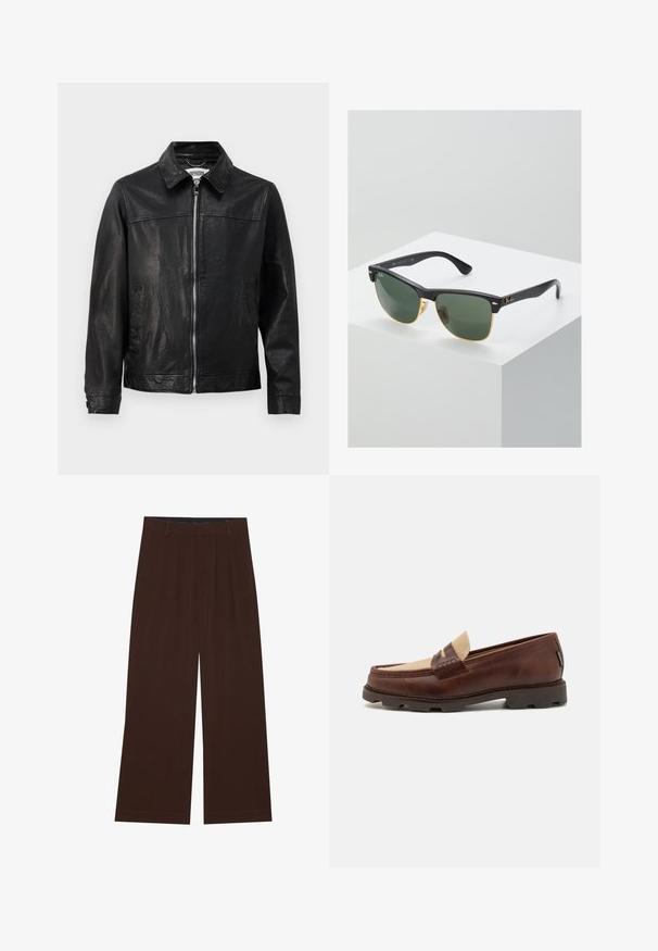 Sort læderjakke med krave, lynlås foran og sidelommer. Glat tekstur med minimale syninger.; Hvid bomulds tanktop med rund halsudskæring, brede skulderstropper og lige kant, der har en glat tekstur og uden synlige mønstre.; Brune bredbenede bukser med plisseringer. Lavet af et glat stof, der har en skræddersyet talje og sidelommer. Flad kant nederst.; Brune læder loafers med en taupe canvas detalje, syet pynt og en tekstureret gummisål, der er designet til komfort og holdbarhed.; Ray-Ban solbriller med grønne linser, sorte plastikstel og gyldne detaljer ved kanterne. Firkantet form med mat finish.