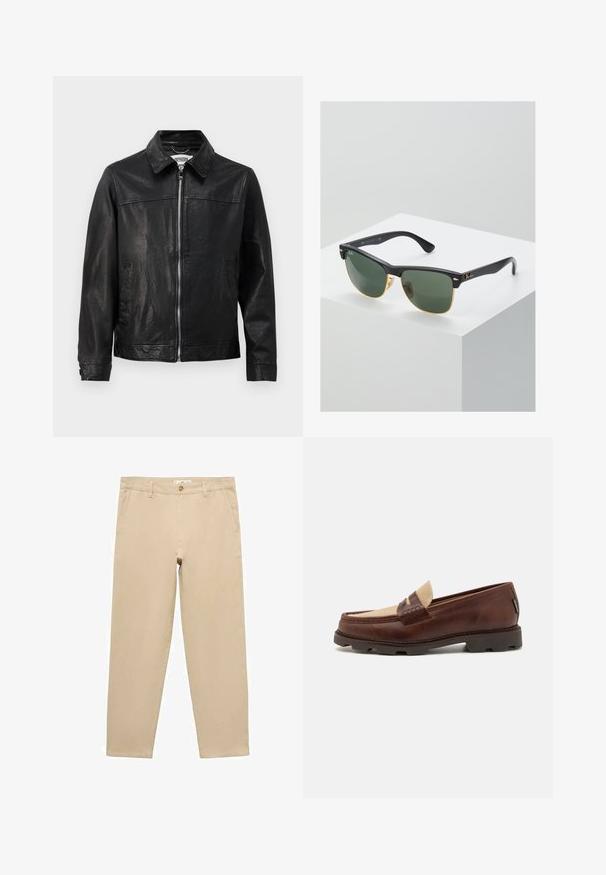 Černá kožená bunda s límečkem, předním zipem a bočními kapsami. Hladký povrch s minimem švů.; Bílý bavlněný top na ramínka s kulatým výstřihem, širokými ramínky a rovním lemem, s hladkou texturou a bez viditelných vzorů.; Béžové bavlněné chinos s rovnými nohavicemi, s předním zapínáním na knoflík, poutky na opasek a dvěma bočními kapsami. Hladká textura.; Hnědé kožené mokasíny s taupe plátěným akcentem, prošívanými detaily a texturovanou gumovou podrážkou navrženou pro pohodlí a odolnost.; Sluneční brýle Ray-Ban se zelenými skly, černými plastovými rámy a zlatými akcenty na okrajích. Čtvercový tvar s matným povrchem.