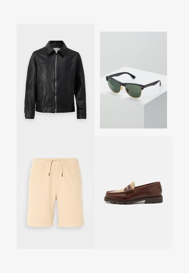 Schwarze Lederjacke mit Kragen, Frontreißverschluss und Seitentaschen. Sanfte Textur mit minimalen Nähten.; Weißes Baumwoll-Trägershirt mit Rundhalsausschnitt, breiten Trägern und geradem Saum, das eine glatte Textur aufweist und keine sichtbaren Muster hat.; Beige Cordshorts mit elastischem Bund und Kordelzug. Mit seitlichen Taschen und geradem Schnitt. Weiche Textur und glatte Oberfläche.; Braune Lederloafer mit einem taupefarbenen Canvas-Akzent, genähten Details und einer strukturierten Gummisohle, die für Komfort und Langlebigkeit ausgelegt ist.; Ray-Ban Sonnenbrillen mit grünen Gläsern, schwarzen Kunststoffrahmen und goldenen Akzenten an den Rändern. Quadratische Form mit matter Oberfläche.