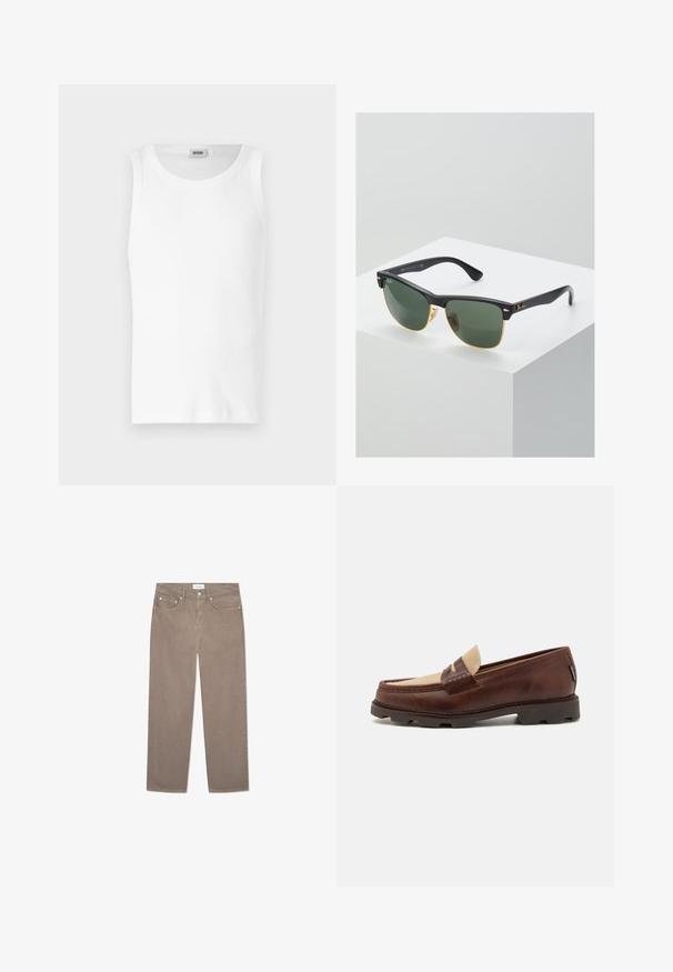 Black leather jacket with a collared neckline, front zipper, and side pockets. Smooth texture with minimal stitching details.; White cotton sleeveless tank top with a round neckline and a smooth texture. Simple design, no patterns or accents.; Brown straight-leg jeans featuring a five-pocket design, metal hardware, and a smooth texture. The fabric has a subtle, even pattern.; Brown leather loafers with a taupe canvas accent, stitched detail, and a textured rubber sole designed for comfort and durability.; Ray-Ban sunglasses with green lenses, black plastic frames, and gold accents at the edges. Square shape with a matte finish.