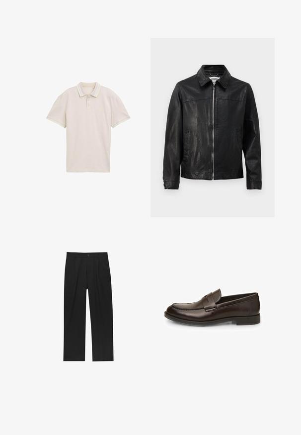 Fekete bőrkabát galléros nyakkivágással, elől cipzárral és oldalsó zsebekkel. Simább textúra minimális varrási részletekkel.; Világos bézs színű póló, rövid ujjakkal, három gombos kivágással, valamint kontrasztos pasztell csíkokkal a galléron és az ujjak szegélyén. Könnyű anyag.; Fekete nadrág egyenes szárú kialakítással, sima anyagból készült. Elöl redők és egy gombos záródás található a derékon.; Barna bőr loaferek sima textúrával, lekerekített orral és varrási részletekkel. Alacsony, réteges sarkuk van, és slip-on kivitel.