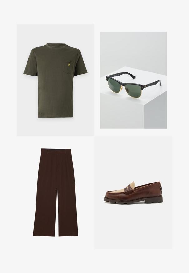 Fekete bőrkabát galléros nyakkivágással, elől cipzárral és oldalsó zsebekkel. Simább textúra minimális varrási részletekkel.; Olívazöld pamut póló, kerek nyakkal, rövid ujjakkal és bal oldalon egy kis zsebből, amelyen egy sárga logó található. Sima tapintású.; Barna, széles lábú nadrág, plisszézett részleggel. Simább anyagból készült, szabott derékkal és oldalsó zsebekkel rendelkezik. Lapos szegéllyel az alsó részen.; Barna bőr loafer cipők taupe vászon díszítéssel, varrott részletekkel és texturált gumi talppal, amely a kényelemről és tartósságról gondoskodik.; Ray-Ban napszemüveg zöld lencsékkel, fekete műanyag kerettel és arany díszítéssel a széleken. Négyzet alakú, matt felülettel.