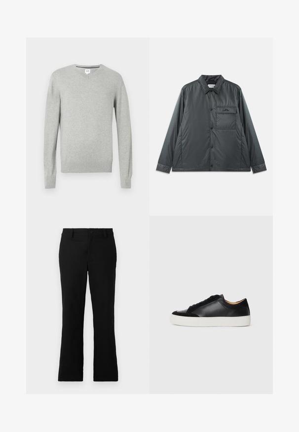 Sötétszürke, könnyű, gombos dzseki, pontszerű gallérral, hosszú ujakkal és egyetlen mellzsebbel. Simaságával és fényes anyagával minimális hardveres részletekkel rendelkezik.; Világosszürke pulóver, V nyakú fazon, hosszú ujjak, bordázott mandzsetták és szegély, puha textúra. Márkajelzés a nyakrésznél található.; Fekete, harang fazonú nadrág, pamut keverékből készült, gombos záródással, övhurkokkal és sima textúrával, látható minták nélkül.; Fekete bőr sportcipő velúr részletekkel, kerek orral, lapos fehér gumitalppal és kontrasztos textúrákkal a testen és a fűzőn.