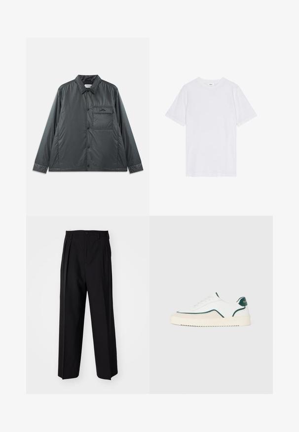 Czarna, lekka, zapinana na guziki kurtka z kołnierzykiem typu point, długimi rękawami i jedną kieszenią na piersi. Gładki, błyszczący materiał z minimalnymi elementami metalowymi.; Biała koszulka, krótki rękaw, okrągły dekolt, wykonana z bawełny, ma gładką fakturę, prosty dół i minimalistyczny design bez wzorów.; Czarne plisowane spodnie o prostym, szerokim kroju nogawek. Wykonane z gładkiego materiału, z zapięciem na guzik i pętelkami na pasek.; Białe niskie tenisówki z zielonymi wykończeniami, beżowymi zamszowymi detalami i kremową podeszwą z jednolitą fakturą.