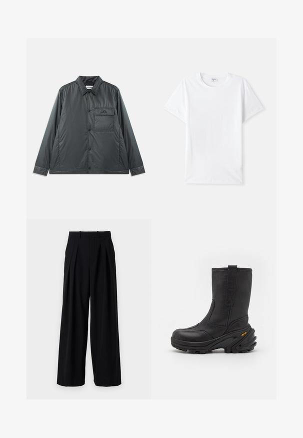 Donkergrijze, lichte, knoopsluiting jas met een puntkraag, lange mouwen en een enkele borstzak. Gladde, glanzende stof met minimale hardware.; Witte katoenen t-shirt, ronde halslijn, korte mouwen, gladde structuur, geen patronen of accenten, eenvoudig ontwerp, standaard pasvorm.; Zwarte broek met een wijd uitlopende pijp, plooien aan de voorkant en een gestructureerde tailleband. Gemaakt van een gladde stof zonder zichtbare accenten.; Zwarte leren enkellaars met een gestructureerde afwerking, gebogen zoolontwerp, versterkte neus en een opvallend Vibram-logo op de zijkant.