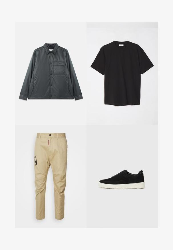 Dark gray, lightweight, button-up jacket with a point collar, long sleeves, and a single chest pocket. Smooth, shiny fabric with minimal hardware.; Black cotton t-shirt with a crew neck, short sleeves, and a relaxed fit. Simple design, smooth texture, and no visible patterns or logos.; Beige cotton trousers featuring a straight leg design, front button closure, and a printed black "N" logo on the left leg.; Black suede sneaker with lace-up design and contrasting white rubber sole. Features textured side panels and subtle branding on the heel.