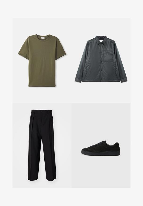 Czarna, lekka, zapinana na guziki kurtka z kołnierzykiem typu point, długimi rękawami i jedną kieszenią na piersi. Gładki, błyszczący materiał z minimalnymi elementami metalowymi.; Gładka oliwkowa zielona koszulka z krótkim rękawem i okrągłym dekoltem leżąca płasko na białym tle.; Czarne plisowane spodnie o prostym, szerokim kroju nogawek. Wykonane z gładkiego materiału, z zapięciem na guzik i pętelkami na pasek.; Czarne zamszowe sneakersy z płaską, teksturowaną podeszwą, okrągłym czubkiem, sześcioma otworami na sznurowadła oraz minimalistycznym designem.