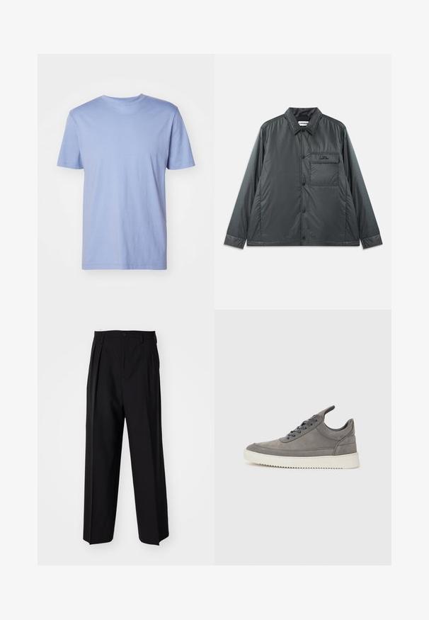 Dark gray, lightweight, button-up jacket with a point collar, long sleeves, and a single chest pocket. Smooth, shiny fabric with minimal hardware.; Light blue cotton t-shirt with short sleeves, crew neckline, and a smooth texture. No patterns or visible hardware. Minimalistic design.; Black pleated trousers with a straight, wide-leg design. Made from smooth fabric, featuring a button closure and belt loops.; Gray suede sneaker with a textured finish, featuring a white rubber sole, round laces, and a low-top design.