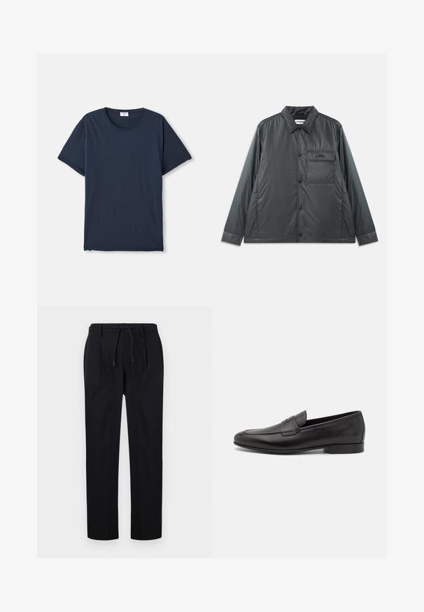 Dark gray, lightweight, button-up jacket with a point collar, long sleeves, and a single chest pocket. Smooth, shiny fabric with minimal hardware.; Navy blue short-sleeve crew neck t-shirt with a small white label inside the collar on a white background.; Black trousers made of smooth fabric, featuring a drawstring waist, straight legs, and front pleats for a structured look.; Black leather men's loafer with a low heel and a classic penny strap design, shown in side profile on a white background.