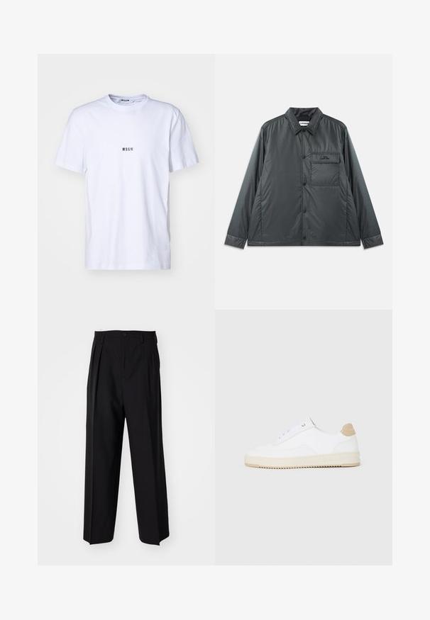 Dark gray, lightweight, button-up jacket with a point collar, long sleeves, and a single chest pocket. Smooth, shiny fabric with minimal hardware.; White cotton t-shirt with a round neckline, short sleeves, and a small black "MSGM" logo printed on the front. Smooth texture.; Black pleated trousers with a straight, wide-leg design. Made from smooth fabric, featuring a button closure and belt loops.; White low-top sneakers with a textured leather upper, cream ridged sole, and a tan heel accent. Features white laces and logo detail on heel.