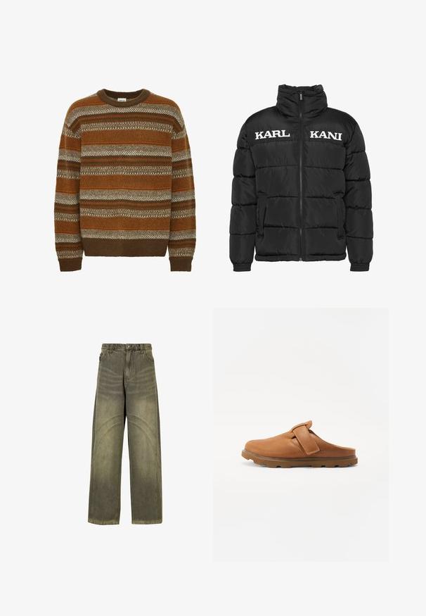 Musta puhvijakki korkealla kauluksella, etuvetoketjulla ja kahdella sivutaskulla. Rinnassa valkoiset tekstit "KARL" ja "KANI". Sileä pinta.; Solid SDMAXWELL - Neule - slate black; Värikäs farkkuyhdistelmä avaralla lahkeella oliivinvihreässä denimissä, joka sisältää kaarevia sauma-akkentteja, klassisen nappikiinnityksen ja haalistuneen pinnan.; Ruske nahkate slip-on klompe sa čičak trakama, s teksturiranim gornjim dijelom, zaobljenim prstima i čvrstim gumeni đonom.