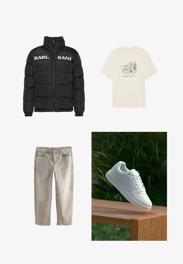 Melnā pūkāmā jaka ar augstu apkakli, priekšējo rāvējslēdzēju un divām sānu kabatām. Uz krūšu daļas ir balta teksts "KARL" un "KANI". Gluda tekstūra.; Krēma krāsas kokvilnas T-krekls ar īsām piedurknēm, kurā ir zaļš kempinga tematikas grafikas attēls un uzraksts "PHOENIX 112.0740".; Gaišs pelēks denima bikses ar taisna piegriezuma dizainu, piecām kabatām un izšūtiem akcentiem. Iespējota standarta josta un rāvējslēdzēja priekšpuse.; Baltie sporta apavi ar gludu sintētisku augšpusi, perforētu pirkstu daļu, plakani šņorēm un rakstainu zoli, novietoti uz koka virsmas.