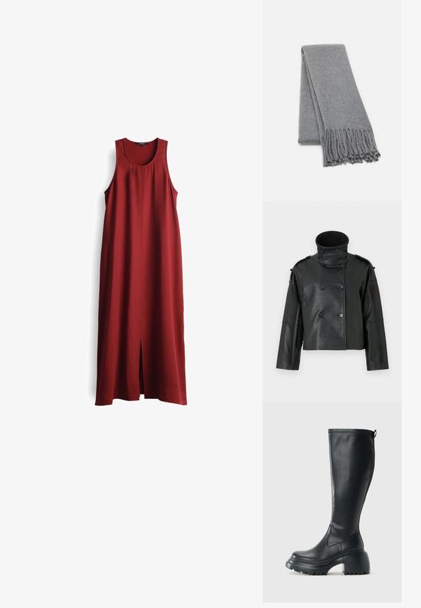 Schwarze Lederjacke mit hohem Kragen, doppelter Knopfleiste, großen Knöpfen und Schulterklappen. Glatte Textur, cropped Länge.; Rotes ärmelloses Maxikleid aus glattem Stoff mit einer Mittelnaht und einem Schlitz vorne, das einen runderen Halsausschnitt und eine lockere Passform bietet.; Hoher schwarzer Lederstiefel mit einer robusten Plateausohle und Blockabsatz, der über eine Zuglasche und ein strukturiertes Profil an der Außensohle verfügt.; Grau gestrickter Wollschal mit einer weichen Textur, mit fransigen Kanten und einem schlichten Design. Ordentlich gefaltet, wobei seine längliche Form zur Geltung kommt.