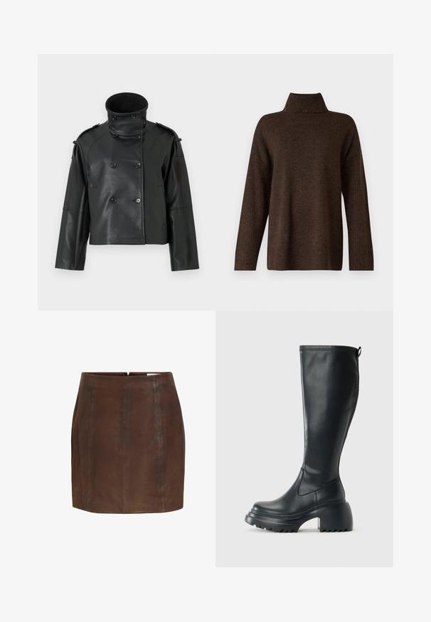 Black leather jacket with a high collar, double-breasted design, large buttons, and shoulder epaulettes. Smooth texture, cropped length.; Brown knitted sweater with a high ribbed collar, wide sleeves, and a soft texture. Features a relaxed fit and ribbed accents on the sleeves.; Brown leather mini skirt with a smooth texture, featuring two vertical seam details and a concealed back zipper.; Tall black leather boot with chunky platform sole and block heel, featuring pull tab and textured tread on outsole.