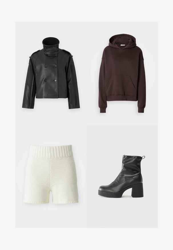 Svart skinnjakke med høy krage, Dobbelknepsdesign, store knapper og skulderepauleter. Glatt tekstur, kort lengde.; Brun hettegenser laget av mykt stoff, med en stor hette, lomme foran, og ribbestrikkede mansjetter og kant. Enkelt, uformelt design uten mønstre.; Strikkede shorts i off-white med ribbet midje, som har teksturkonstrast mellom topp- og bunnseksjonene, med svingete kanter.; Svarte ankelstøvler laget av glatt lær, med glidelås på siden, chunky strukturert hæl, og rund tå-design.