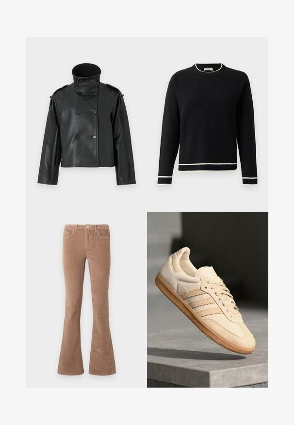 Czarna skórzana kurtka z wysokim kołnierzem, podwójnym zapięciem, dużymi guzikami i naramiennikami. Gładka tekstura, skrócona długość.; Czarny sweter z długim rękawem i okrągłym dekoltem, z białymi wykończeniami na kołnierzyku, mankietach i dolnej części, prezentowany na prostym białym tle.; Brązowe sztruksowe spodnie dzwony z fakturowaną powierzchnią, z pięcioma kieszeniami, zapięciem na guzik i pętelkami na pasek.; Jasno beżowe zamszowe sneakersy z gumową podeszwą, trzema skośnymi paskami i teksturowanym noskiem. Zawierają logo na języku i boku.