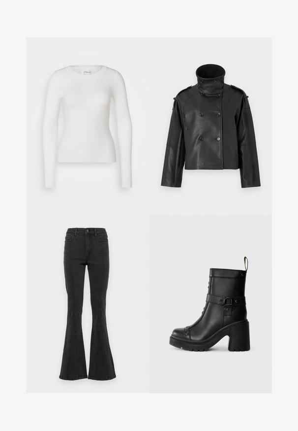 Melnā ādas jaka ar augstu apkakli, dubultā aizdare, lieliem pogām un plecu apmalēm. Gluda tekstūra, īsā garumā.; Balts garais piedurkņu ribotais tops ar plakanu apkakli. Audums ir gluds, ar smalku tekstūru un pieguļošu dizainu. Nav redzamu piederumu vai rakstu.; Melnas džinsu bikses ar platām kājām un augstu jostas vietu, ar sānu šuvēm un gludu apdari pie apakšmalas. Audumam ir gluda tekstūra ar nelielu stiepšanos.; Melnas ādas potītes kurpes ar masīvu augstu papēdi, sānu sprādzi un dekoratīviem nagliņām gar priekšējo šuvi. Tekstūrēta gumijas zole.