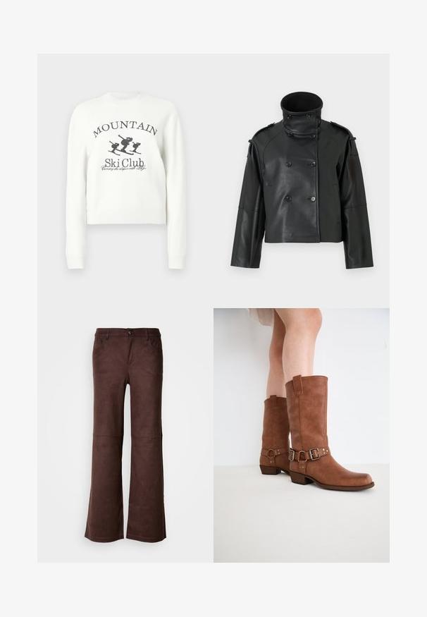 Giubbotto di pelle nera con colletto alto, design doppiopetto, grandi bottoni e spalline. Texture liscia, lunghezza cropped.; Felpa bianca cropped con scollo rotondo, maniche lunghe e stampa grafica di sciatori con la scritta "MOUNTAIN Ski Club".; Pantaloni a palazzo marroni in un tessuto morbido simile al suede. Presentano quattro tasche, una chiusura con bottone e una superficie liscia e testurizzata.; Stivaletti in pelle marrone con punta leggermente appuntita, fibbie decorative e tacco basso impilato. Texture liscia con finitura opaca.