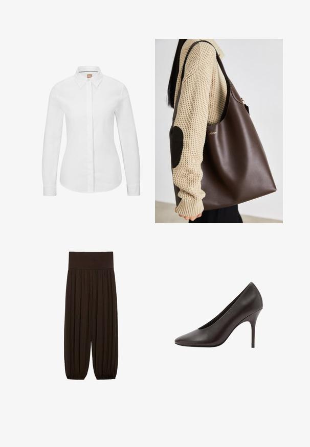 Crna kožna jakna s visokim ovratnikom, dvostrukim kopčanjem, velikim dugmadi i ramenskim epauletama. Glatka tekstura, skraćena dužina.; Bijela košulja dugih rukava s gumbima izrađena od svježeg pamučnog materijala, s klasičnim ovratnikom, prednjim gumbima i prilagođenim krojem. Glatka tekstura, bez uzoraka.; Smeđe plisirane hlače s širokim, elastičnim pojasom. Tkanina je lagana i teksturirana, s naboranim rubovima na manžetama.; Crne kožne cipele na visoku petu s uskim stiletto potpeticom i glatkom završnom obradom, prikazane sa strane.; Smeđa kožna torba s dizajnom koji pruža puno prostora. Ima glatku teksturu i suptilan zlatni logo. Uparena s kremastim pletenim puloverom.
