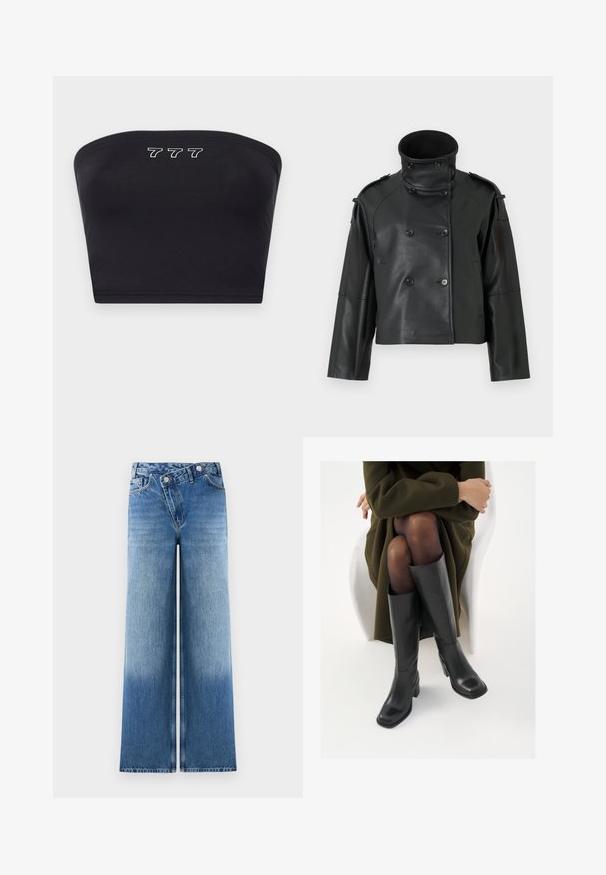 Svart skinnjakke med høy krage, Dobbelknepsdesign, store knapper og skulderepauleter. Glatt tekstur, kort lengde.; Svart bandeau topp laget av glatt stoff, med hvit brodering av tallene "777" foran. Ingen stropper, enkelt design.; Lyseblå vide jeans med en falmet vask, som har et klassisk fem-lomme-design og metalknap-detaljer ved livet.; Knæhøye sorte lærstøvler med firkantet tå og blokkhelt, vist med en modell som sitter iført en olivengrønn kåpe. Glatt tekstur, minimal detaljering.