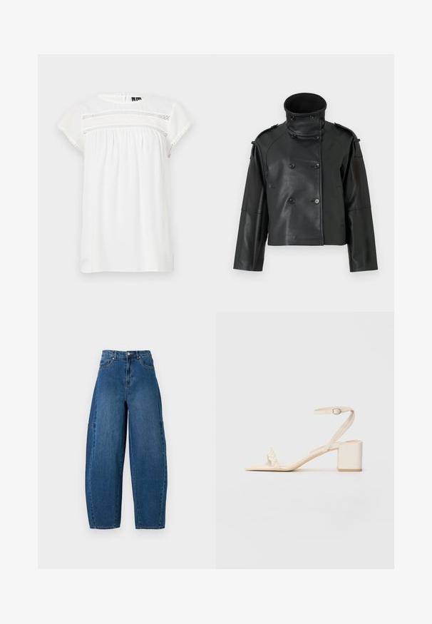 Crna kožna jakna s visokim ovratnikom, dvostrukim kopčanjem, velikim dugmadi i ramenskim epauletama. Glatka tekstura, skraćena dužina.; Bijela bluzica kratkih rukava s okruglim izrezom, naboranim dizajnom i ukrasnom čipkastom detaljnom na prednjoj strani, s oštrim rubom.; Traperice u srednjem plavom pranju, s visokim strukom, širokim nogavicama i standardnim dizajnom s pet džepova, s vidljivim detaljima šivanja.; Bež sandale na blok petu od glatkog materijala, s tankim remenom oko gležnja i remenom za prste ukrašenim biserima. Ravna potplat.