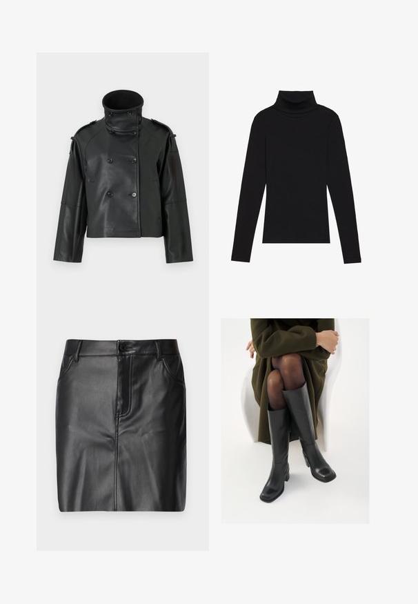 Giubbotto di pelle nera con colletto alto, design doppiopetto, grandi bottoni e spalline. Texture liscia, lunghezza cropped.; Maglione a collo alto nero a maniche lunghe, realizzato in tessuto a coste, presenta un design aderente con un collo alto e senza motivi o dettagli.; Gonna di pelle nera con una texture liscia, caratterizzata da un design aderente, tasche frontali e una chiusura a un bottone in vita.; Stivali neri in pelle alti fino al ginocchio con punta squadrata e tacco a blocco, mostrati con un modello seduto in un cappotto verde oliva. Texture liscia, dettagli minimi.