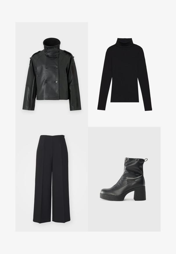 Melnā ādas jaka ar augstu apkakli, dubultā aizdare, lieliem pogām un plecu apmalēm. Gluda tekstūra, īsā garumā.; Melnā turtlenecka garām piedurknēm augšdaļa, izgatavota no ribotas auduma, ar pieguļošu piegriezumu, augstu kakla izgriezumu un bez rakstiem vai akcentiem.; Platas kājas melnas bikses, izgatavotas no gludas auduma, ar augstu jostasvietu, izteiktām priekšējām krokām un bez redzamām detaļām vai rakstiem.; Melni potītes zābaki, kas izgatavoti no gludas ādas, ar sānu rāvējslēdzēju, masīvu strukturētu papēdi un noapaļotu purngalu.