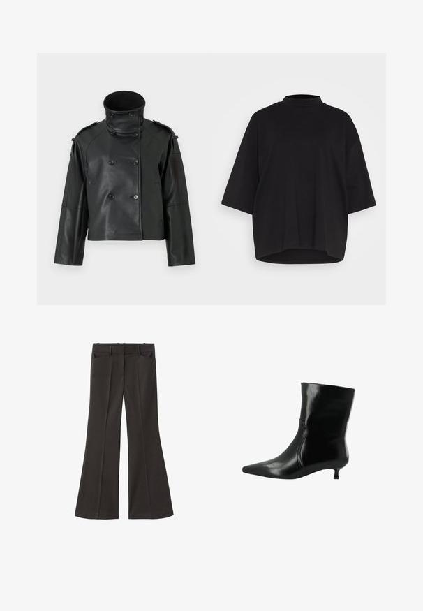 Chaqueta de cuero negra con cuello alto, diseño de doble botonadura, grandes botones y hombreras. Textura suave, longitud corta.; Camiseta de algodón negra con un escote alto, mangas cortas tipo murciélago y un ajuste relajado y cuadrado. Textura suave y dobladillo redondeado.; Pantalones de campana negros con cintura alta; cuentan con dos bolsillos frontales y una textura de tela suave. Adecuados para diversas ocasiones.; Botín de cuero negro hasta el tobillo con punta afilada y tacón bajo tipo kitten, detalle en las costuras laterales y acabado suave y brillante.