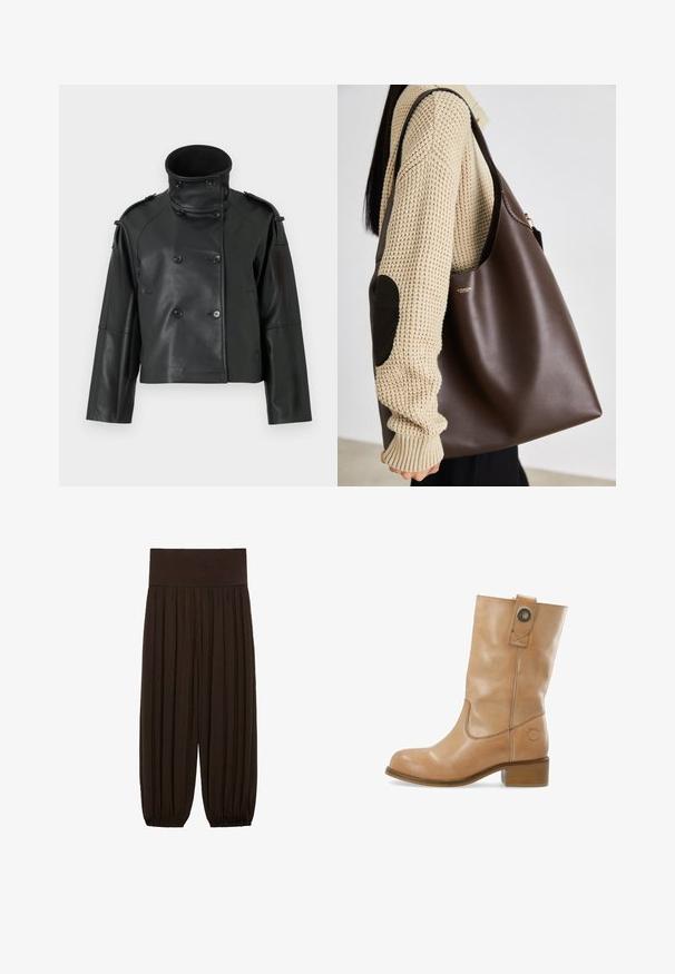 Czarna skórzana kurtka z wysokim kołnierzem, podwójnym zapięciem, dużymi guzikami i naramiennikami. Gładka tekstura, skrócona długość.; Czarna koszulka z długim rękawem i okrągłym dekoltem, z małą białą metką z napisem "WEEKDAY" wewnątrz kołnierza, prezentowana na jasnym tle.; Brązowa koszula zapinana na guziki z klasycznym kołnierzykiem, długimi rękawami i prostym krojem. Miękka tekstura i minimalistyczny design bez wzorów.; Brązowe spodnie z plisami i szerokim, elastycznym pasem. Materiał jest lekki i teksturowany, z marszczonymi wykończeniami u dołów.; Brązowe skórzane botki za kostkę z okrągłym noskiem, niskim, warstwowym obcasem, bocznym przeszyciem i zapięciem na zatrzask przy cholewce. Gładka faktura.; Brązowa skórzana torba typu tote o pojemnym designie. Charakteryzuje się gładką fakturą i subtelnym złotym logo. Połączona z kremowym swetrem z dzianiny.