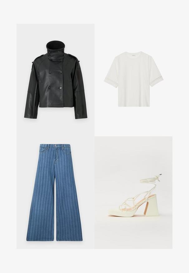 Svart skinnjakke med høy krage, Dobbelknepsdesign, store knapper og skulderepauleter. Glatt tekstur, kort lengde.; Hvit t-skjorte med kort erme laget av bomull, med dekorativ blondekant langs ermene og en rund halslinning.; Bredde bukser i middels blå denim med vertikale striper, med knappelukking, fem lommer, og sømdetaljer langs sømmene.; Hvit høyhælte sandal med kraftig hæl, med en stroppe-design og ankelbånd. Glatt tekstur med plattform foran for ekstra høyde.