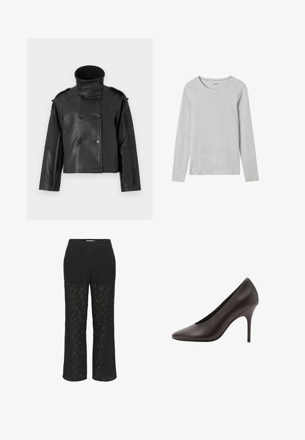Black leather jacket with a high collar, double-breasted design, large buttons, and shoulder epaulettes. Smooth texture, cropped length.; Gray long-sleeve shirt made of lightweight cotton blend, featuring a round neckline and a plain texture without patterns or accents.; Black lace trousers featuring a patterned design, wide legs, and a soft waistband, with sheer sections for added texture.; Black leather pointed-toe high heel pump with a slim stiletto heel and smooth finish, shown from the side.