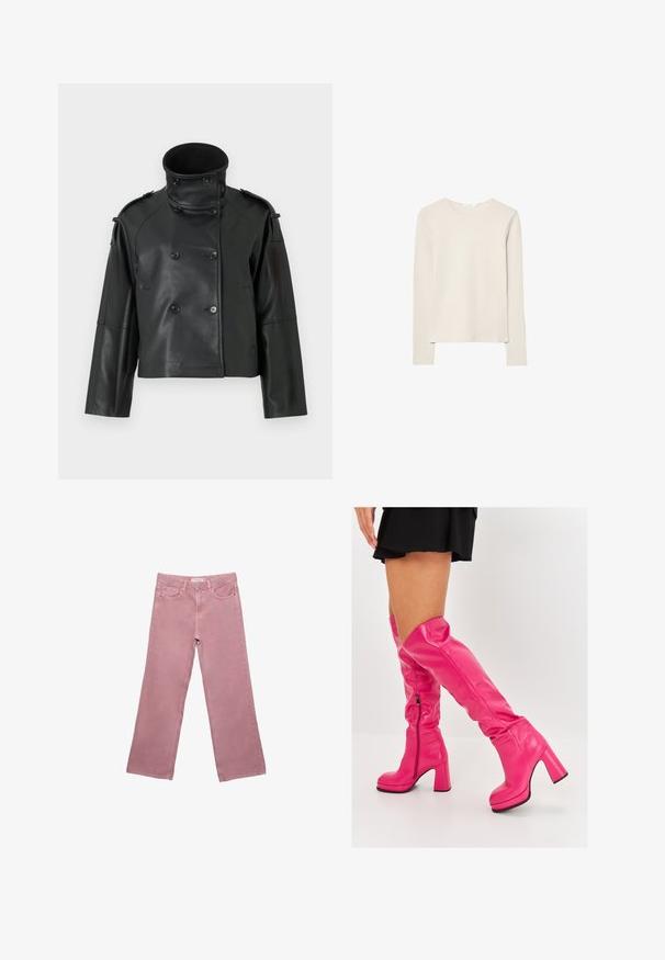 Černá kožená bunda s vysokým límcem, dvouřadým designem, velkými knoflíky a ramenními vycpávkami. Hladká textura, zkrácená délka.; Světle béžové tričko s dlouhým rukávem z měkké tkaniny, s kulatým výstřihem a uvolněným střihem s rovnými lemy a minimálními švy.; Růžové široké džínsy vyrobené z denimu, s vysokým pasem, předními kapsami a decentními švy. Hladká textilie bez vzorů.; Růžové kozačky nad kolena vyrobené z hladké kůže s chunky vysokým podpatkem a bočním zipem, se sklopeným vrškem pro přidaný designový prvek.