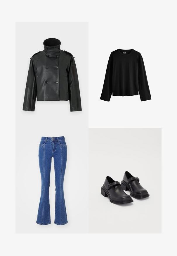 Črna usnjena jakna z visokim ovratnikom, z dvojnim zapenjanjem, velikimi gumbi in ramenskimi epauletami. Gladko usnje, krajša dolžina.; Črna dolga majica z dolgimi rokavi, izdelana iz mehkega bombaža. Ima okroglo vratno izreza, sproščen kroj in minimalističen dizajn brez vzorcev ali okrasnih elementov.; Trapezne jeans hlače z visokim pasom, svetlo modre barve, s zapiranjem na dva gumbka, zasnovo s petimi žepi in kontrastnim stranskim šivanjem.; Črne usnjene čevlje z zaobljenim nosom, ravnim podplatom in trakcem z zaponko. Debel blokasti petnik za dodatno stabilnost.