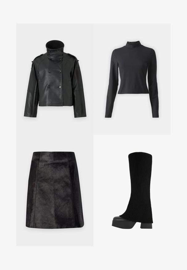 Čierna kožená bunda s vysokým golierom, dvojradovým zapínaním, veľkými gombíkmi a ramennými epauletmi. Hladká textúra, skrátená dĺžka.; Čierny dlhý rukáv, rolák vyrobený z jemného, pružného materiálu. Úzky strih s krátkou dĺžkou a hladkou textúrou.; Čierna kožená mini sukňa s hladkým, štruktúrovaným povrchom. Má priliehavý pás a čisté línie, ktoré zdôrazňujú elegantný dizajn.; Čierne vysoké čižmy po kolená s ribbed textíliou, robustnou platformou a blokovým podpätkom, s hladkou textúrou a elegantným, moderným dizajnom.