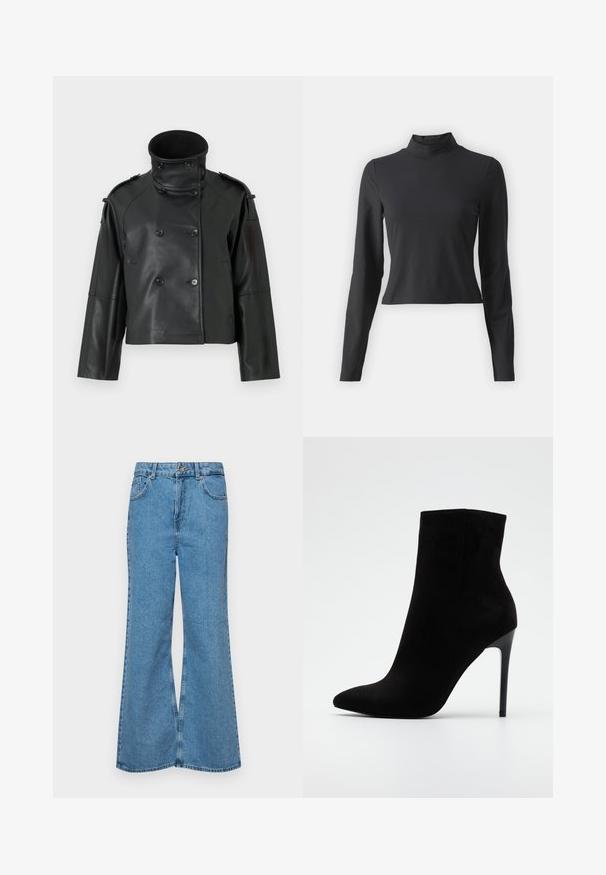 Chaqueta de cuero negra con cuello alto, diseño de doble botonadura, grandes botones y hombreras. Textura suave, longitud corta.; Top de cuello alto negro de manga larga, hecho de una tela suave y elástica. Diseño ajustado con un largo cropped y textura suave.; Jeans acampanados de color azul claro hechos de denim, con una cintura alta, cinco bolsillos y un cierre de botón. Textura suave con acabado desgastado.; Botín de ante negro con punta afilada y tacón alto de aguja. Textura suave, líneas limpias y sin herrajes ni adornos visibles.