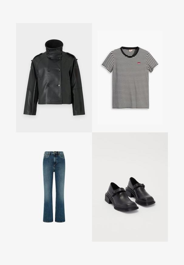 Črna usnjena jakna z visokim ovratnikom, z dvojnim zapenjanjem, velikimi gumbi in ramenskimi epauletami. Gladko usnje, krajša dolžina.; Črno-bela prugasta majica iz bombaža. Ima okroglo izrez in majhen rdeč Levi's logotip na prsih. Kratki rokavi.; Visoko pasovi flared jeans v temno modrem denimu. Imajo klasično obliko s petimi žepi, kontrastno šivanje in gumb za zapiranje na pasu.; Črne usnjene čevlje z zaobljenim nosom, ravnim podplatom in trakcem z zaponko. Debel blokasti petnik za dodatno stabilnost.