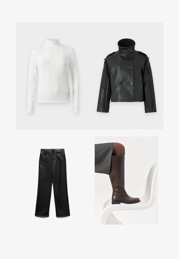 Schwarze Lederjacke mit hohem Kragen, doppelter Knopfleiste, großen Knöpfen und Schulterklappen. Glatte Textur, cropped Länge.; Weißes Turtleneck-Oberteil mit langen Ärmeln aus geripptem Stoff, slim fit und minimalistischem Design. Keine sichtbaren Muster oder Akzente.; Schwarze weite Hose aus Kunstleder mit Fronttaschen, Gürtelschlaufen und dezentem Glanz. Glatte Textur und maßgeschneiderte Passform.; Braune Lederstiefel bis zum Knie mit abgerundeter Spitze, glatter Oberfläche und minimalen Nähten, vor einem hellen Hintergrund auf einem weißen Stuhl.
