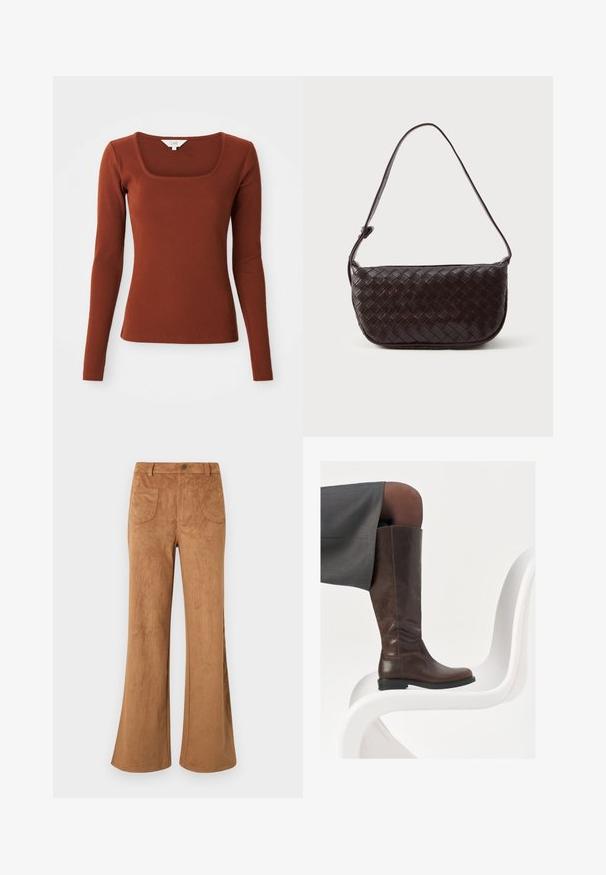 Svart skinnjakke med høy krage, Dobbelknepsdesign, store knapper og skulderepauleter. Glatt tekstur, kort lengde.; Rustfarget, rillede langermede topp med firkantet hals, tettsittende silhuett og et lite merke ved kragen.; Brune semsket flared bukser med høy midje, front- og baklommer, og en glatt tekstur. Designet for en avslappet passform gjennom benet.; Brune lærkne-høye støvletter med rund tå, glatt tekstur og minimal sømdetaljer, plassert mot en lys bakgrunn på en hvit stol.; Toveget lærveske i mørk brun med en buet form, justerbar stropp og en glatt overflate. Kompakt design uten synlig maskineri.