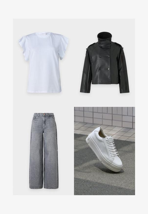 Črna usnjena jakna z visokim ovratnikom, z dvojnim zapenjanjem, velikimi gumbi in ramenskimi epauletami. Gladko usnje, krajša dolžina.; Bela majica s kratkimi nabranimi rokavi, okroglim izrezom in mehkim bombažnim materialom. Preprost dizajn brez vzorcev ali dodatkov.; Jeans z širokimi nogavicami v zbledeli sivi pranju, z petimi žepi, gumbom za zapiranje in mehko teksturo s subtilnimi detajli pomikanja.; Beli usnjeni športni copat z nizkim dizajnom, ravnimi vezalkami, zaobljenim nosom in teksturiranimi stranicami. Debel gumijast podplat z diskretnimi poudarki.
