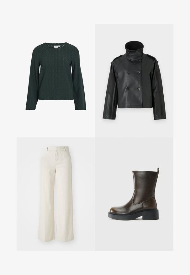 Jaqueta de couro preta com gola alta, design de duplo botão, botões grandes e epaulettes nos ombros. Textura lisa, comprimento cropped.; Camisola de manga longa verde escura com um padrão geométrico texturizado, apresentando um decote redondo e um corte solto. O tecido parece leve e respirável.; Calças largas numa cor bege clara, feitas de um tecido suave. Apresentam uma cintura clássica e parte da frente lisa com linhas limpas.; Bota de couro castanho escuro até à panturrilha, com bico arredondado, sola preta grossa, salto baixo e alça na parte de trás.