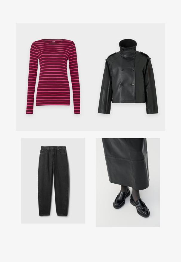 Juodas odinis švarkas su aukštu apykakle, dvigubu užsegimu, dideliais mygtukais ir petinėmis. Lygus tekstūrinis paviršius, trumpa ilgis.; GAP CREW - Ilgarankovis viršutinės dalies drabužis - burgundy; Juodos džinsinės kelnės su tiesiu siluetu, penkių kišenių dizainu, diržo kilpomis ir mygtukų užsegimu. Audinys turi lygią tekstūrą su švelniu nušvytimu.; Juodos odinės loafer bateliai su glotniu paviršiumi, dekoratyvine juostele, apvalia nosimi ir tekstūruotu padu. Dėvimi su ilga juoda odine sijonu.