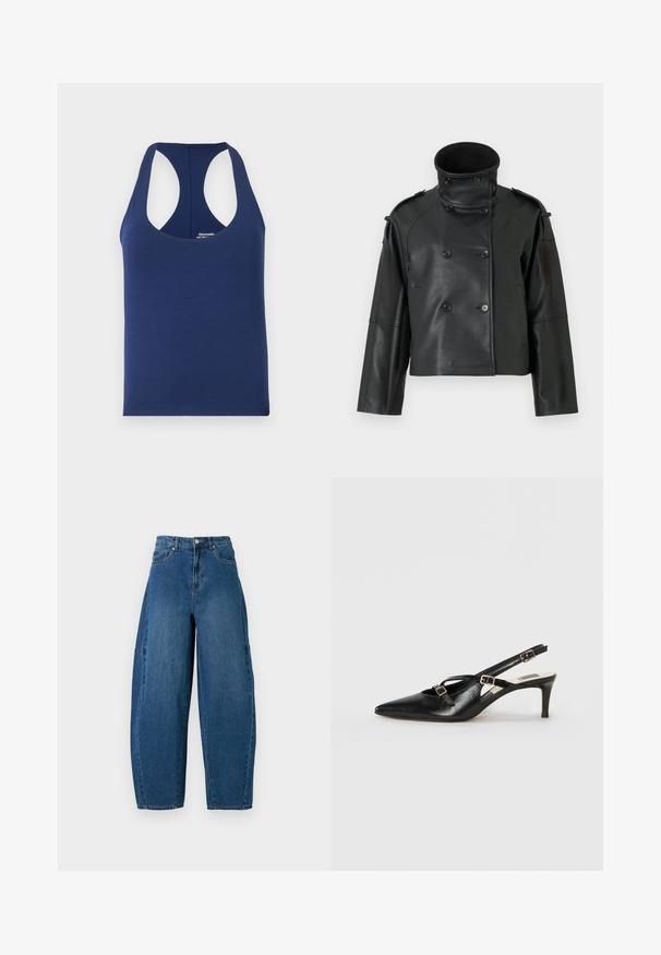 Czarna skórzana kurtka z wysokim kołnierzem, podwójnym zapięciem, dużymi guzikami i naramiennikami. Gładka tekstura, skrócona długość.; Granatowy top bez rękawów z miękkiej bawełny. Posiada okrągły dekolt i szerokie otwory na ramiona. Prosty, dopasowany krój bez wzorów.; Jeans dżinsowe w średnim niebieskim kolorze, z wysokim stanem, szeroką nogawką oraz standardowym pięciomieszkowym wzorem, z widocznymi detalami przeszycia.; Czarne skórzane buty na słupku z wąskim noskiem, z cienkimi paskami i metalowymi klamrami, na 6 cm stożkowym obcasie. Gładka tekstura.