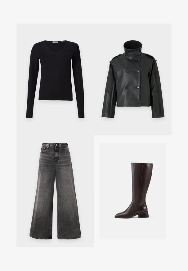 Μαύρο δερμάτινο τζάκετ με ψηλό γιακά, διπλόφασμα σχέδιο, μεγάλες κουμπότρυπες και επωμίδες στους ώμους. Λείο υλικό, κοντό μήκος.; Μαύρο πουλόβερ με μακριά μανίκια και V λαιμόκοψη, τοποθετημένο σε λευκό φόντο, με ραβδωτή υφή και απλή, καθημερινή σχεδίαση.; Γενναιόδωρα μαύρα τζιν παντελόνια με ξεθωριασμένο φινίρισμα, σχέδιο πέντε τσεπών και κουμπί στη μέση, με ραμμένα διακοσμητικά στοιχεία.; Μποτάκια καφέ από δέρμα μέχρι το γόνατο με λεία επιφάνεια, στρογγυλή μύτη και μαύρο χοντρό τακούνι. Απλός σχεδιασμός με ελάχιστες μεταλλικές λεπτομέρειες.
